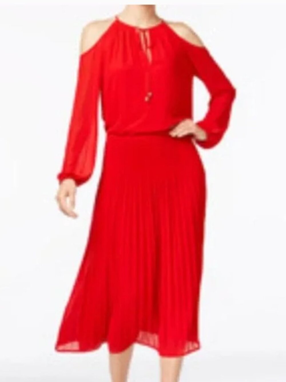 MICHAEL KORS Red Chiffon Cold Shoulder Pleated Midi Dress Tie Neck Size S